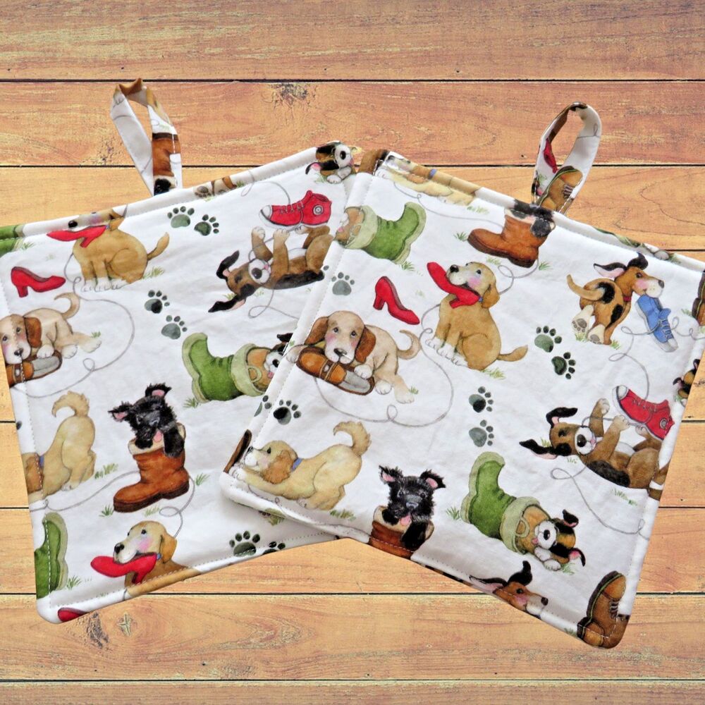 Handmade Potholder, Dogs With Shoes Hot Pad, Set of 2